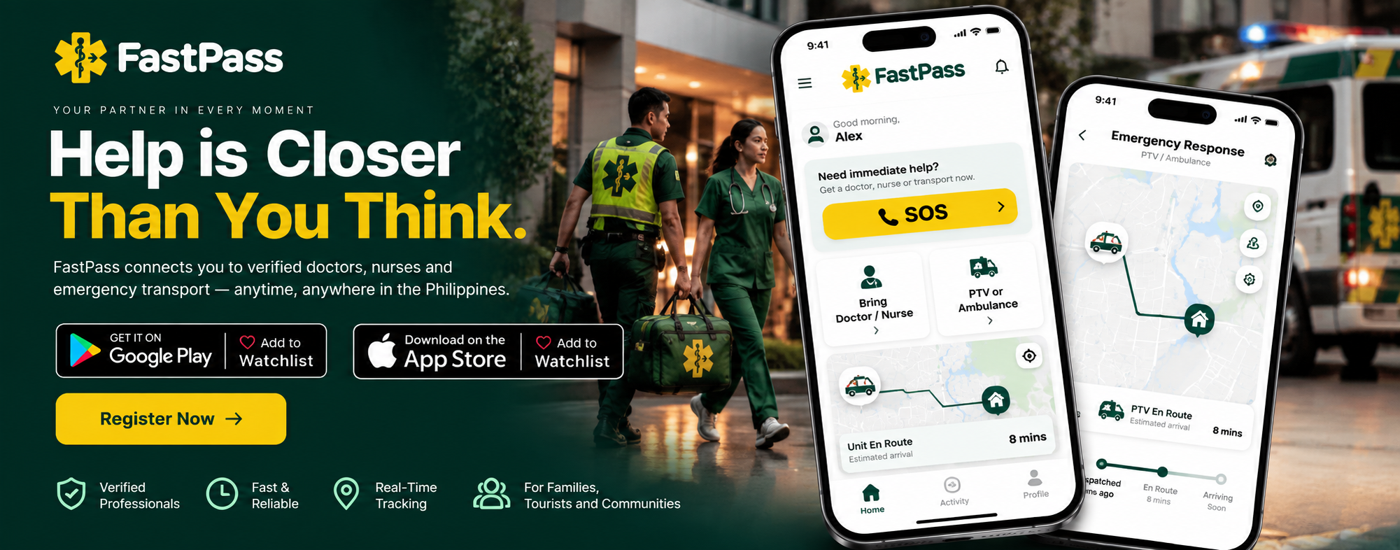 FastPass mobile app preview with SOS access and real-time patient transport tracking